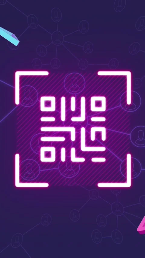 Animation of glowing pink qr code and 3d shapes over network on black background Stock-Footage 323897684