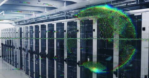 Animation of glowing pixel globe and data processing over server room Stock-Footage 266202814