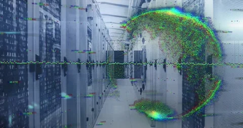 Animation of glowing pixel globe and data processing over server room Stock-Footage 327958376