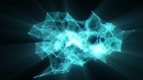 Animation of glowing plexus network transforming to blue neon text - 2019. Stock Footage 103751770