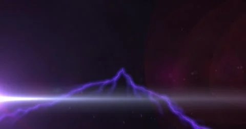 Animation of glowing purple lightning flashes and white beam of light on dark Видео 161373086