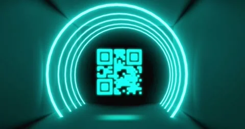 Animation of glowing qr code over neon circles Stock Footage 330108776