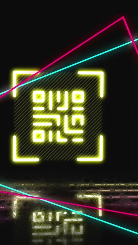 Animation of glowing qr code over neon geometric shapes Video stock 344636555