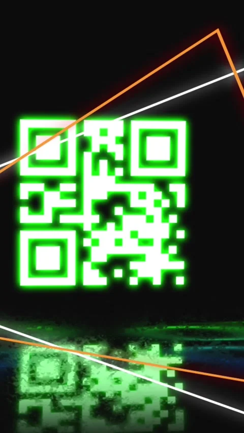 Animation of glowing qr code over neon geometric shapes Video stock 344636559