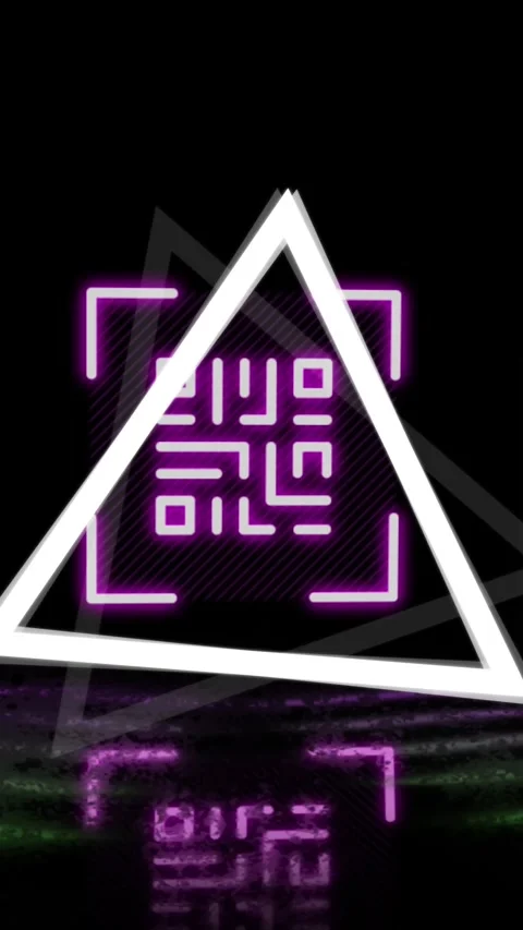 Animation of glowing qr code over neon geometric shapes Stockbeeldmateriaal 344636560