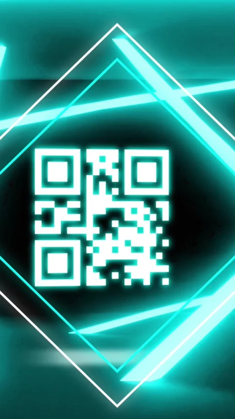 Animation of glowing qr code over neon geometric shapes Vídeos de archivo 344679516