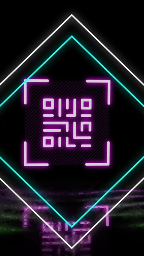 Animation of glowing qr code over neon geometric shapes Video stock 344679521
