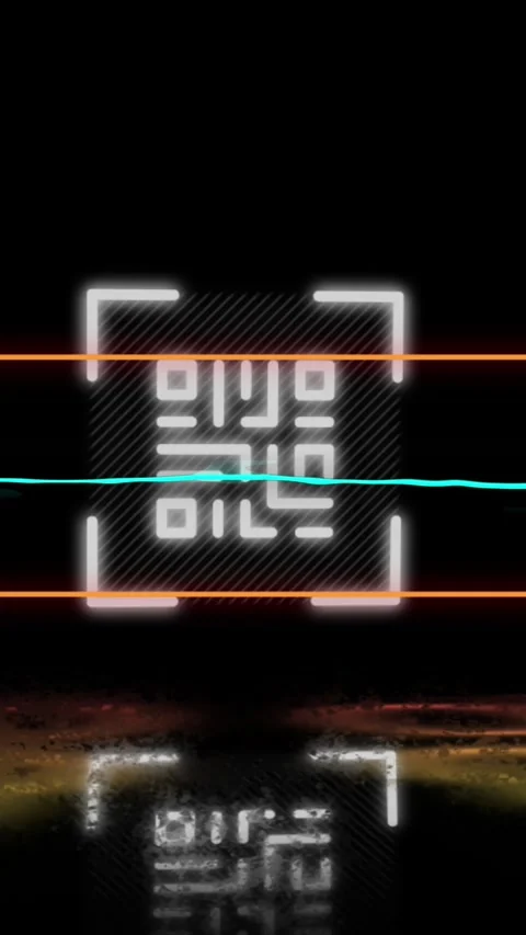 Animation of glowing qr code over neon geometric shapes Video stock 344693745