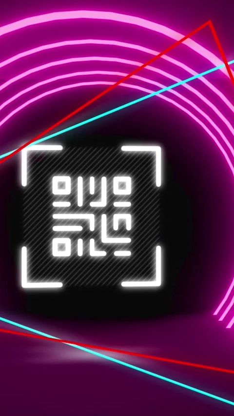 Animation of glowing qr code over neon shapes on purple background 库存影片 344693748