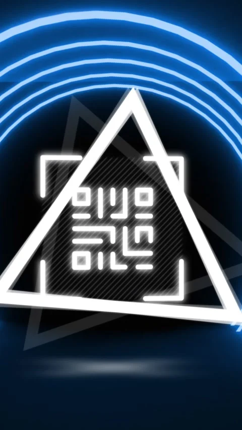 Animation of glowing qr code over neon geometric shapes Video stock 344783743