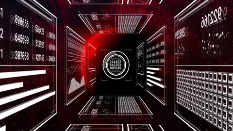 Animation of glowing red and white digital data tunnel with futuristic elements Stock Footage 304011591