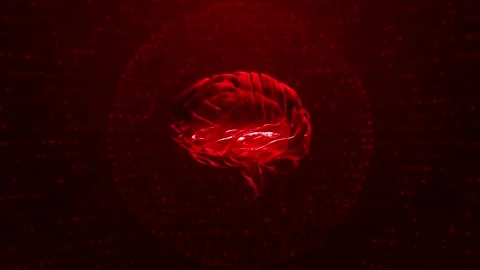 Animation glowing red human brain digital particles data field. artificial Stock Footage 333793196