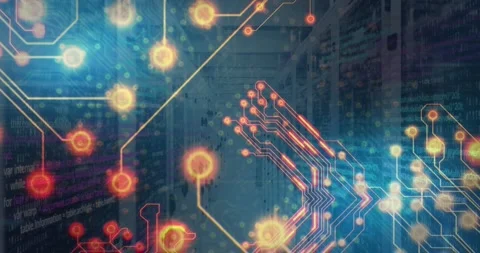 Animation of glowing red microprocessor connections against computer server room Stock Footage 254227561