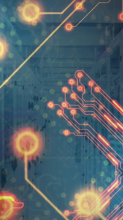 Animation of glowing red microprocessor connections against computer server room 스톡 동영상 321111720