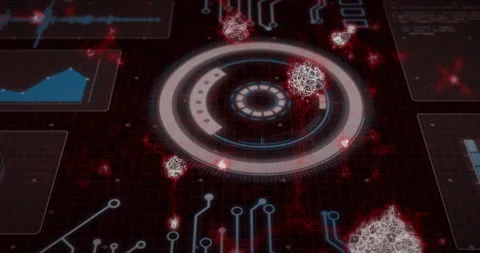Animation of glowing red virus-like elements on futuristic digital circuit Video stock 304644022