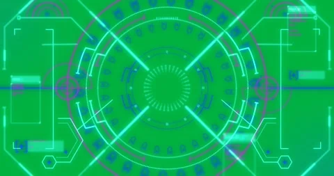 Animation of glowing scope scanning and flickering data processing over black Stock Footage 325295003