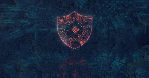 Animation of glowing shield with circuit pattern over digital network background Stock Footage 303468459