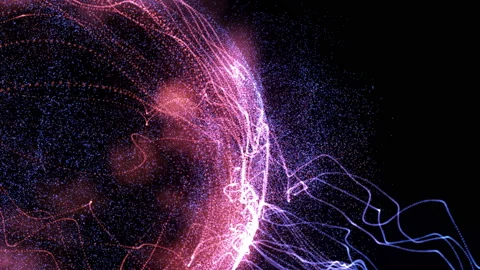 Animation of glowing sphere. Energy waves from particles. Pink color Video stock 112105480