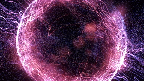 Animation of glowing sphere. Energy waves from particles. Pink color Stock Footage 112105577