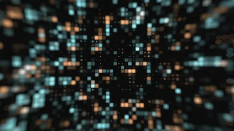 Animation of glowing squares, rectangles moving across the screen against a dark Stock Footage 165384970