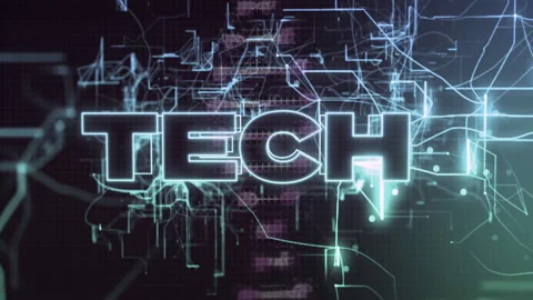 Animation of glowing TECH text with digital circuit lines on dark background Stock Footage 304843509