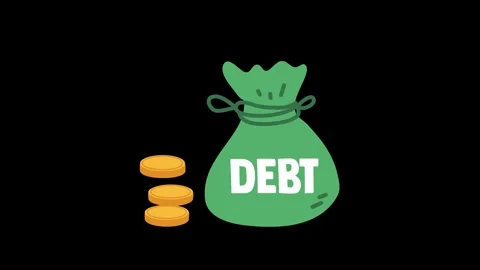 Animation of gold coins stacking next to a debt money bag Video stock 333739561