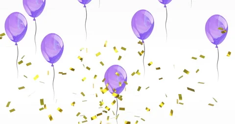 Animation of gold confetti falling over purple party balloons rising on white Video stock 266379534