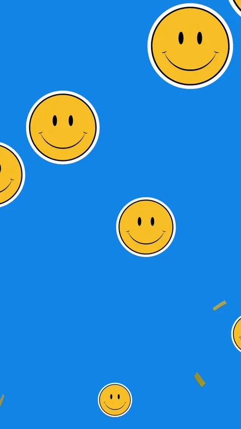 Animation of gold confetti falling with smiley emoji icons on blue background Vídeo Stock 344774858