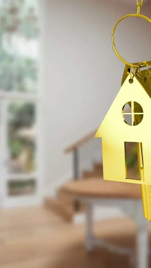 Animation of gold key and key ring over blurred house interior Stock Footage 319458201