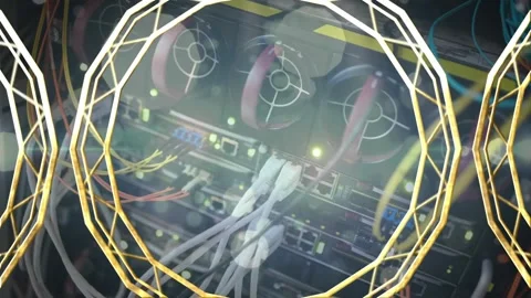 Animation of gold pattern and spotlights over computer server Stock Footage 328457030