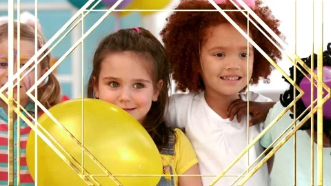 Animation of gold pattern over diverse happy children having fun at party Stock Footage 156571299