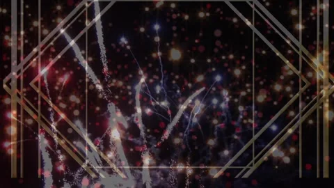 Animation of gold pattern over glowing spots and fireworks exploding Video stock 316820785