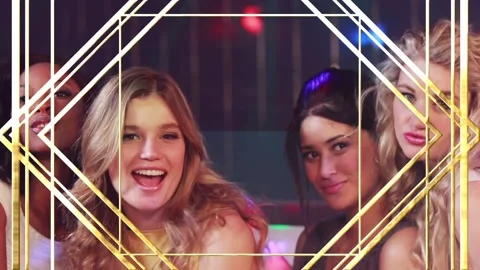 Animation of gold pattern over happy group of friends having fun at party Stock Footage 157349650