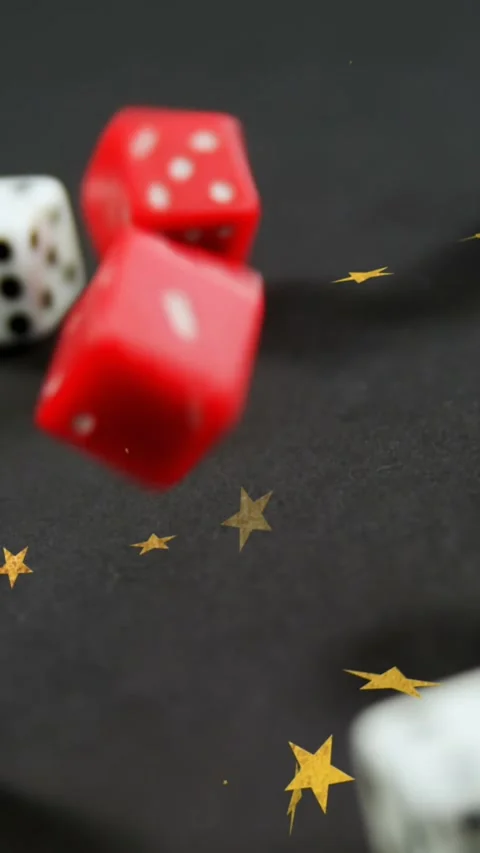 Animation of gold stars falling over white and red dice on grey background Stock Footage 341918329