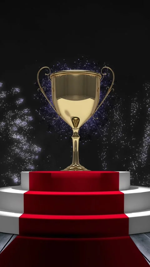 Animation of gold trophy and white fireworks over steps at red carpet venue, on Stockbeeldmateriaal 342225325