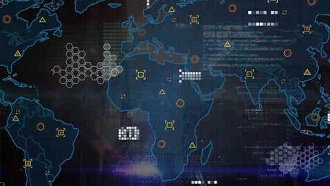 Animation of golden confetti falling over data processing and world map against Stock Footage 329926394