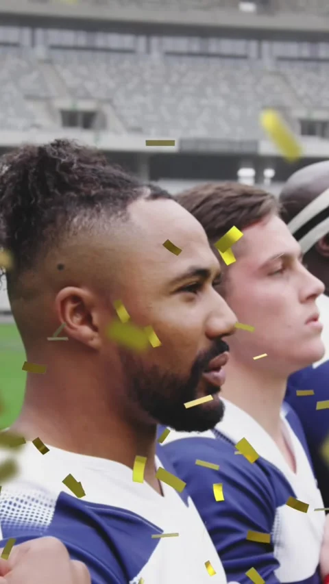 Animation of golden confetti falling over two multi-ethnic rugby team standing Stock Footage 342608142
