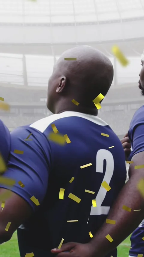 Animation of golden confetti falling over a multi-ethnic team standing in a row Stock Footage 342608144