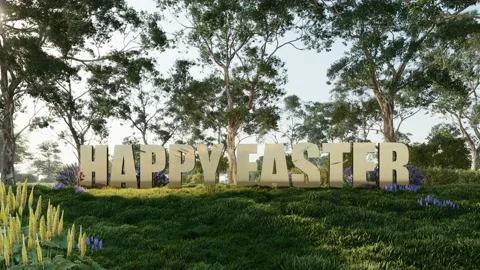 Animation of golden happy easter letters in spring forest scenery Stock Footage 239663817