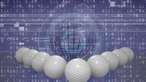 Animation of golf balls over binary coding and globe Video stock 329686727