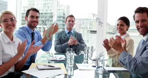 Animation of good friday over happy caucasian businesspeople clapping hands Stock Footage 327059821