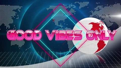 Animation of good vibes only text with graphical squares, globe over circular Stock Footage 326185529