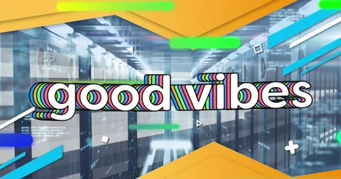 Animation of good vibes text in white with colourful shapes over computer server Stock Footage 329853891