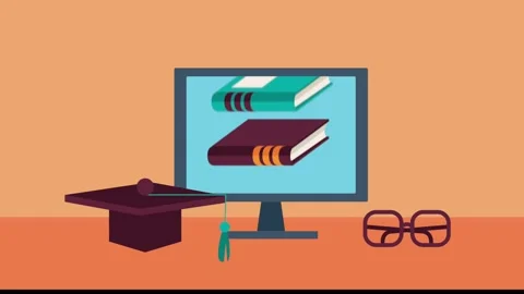 Animation of graduation cap and books appearing on computer screen, online .. Stock Footage 333428186