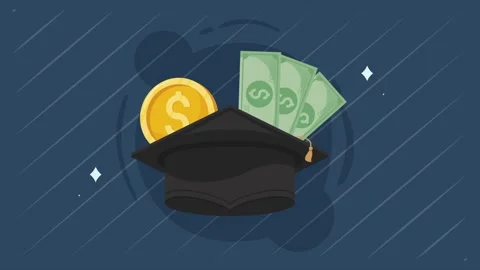 Animation of graduation cap with dollar coin and banknotes representing edu.. Vídeo Stock 338423847
