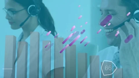 Animation of graph and abstract pattern on caucasian customer representatives 스톡 동영상 327361103