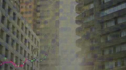 Animation of graph and abstract pattern over low angle view of buildings Stock Footage 328354315
