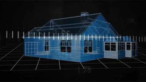 Animation of graph and changing numbers, 3d model of house on grid pattern over Stock Footage 257068514