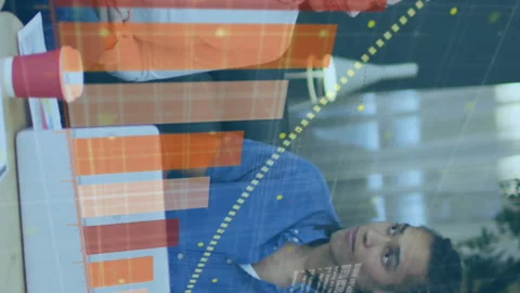 Animation of graph and computer language over diverse coworkers discussing Stock Footage 312674983