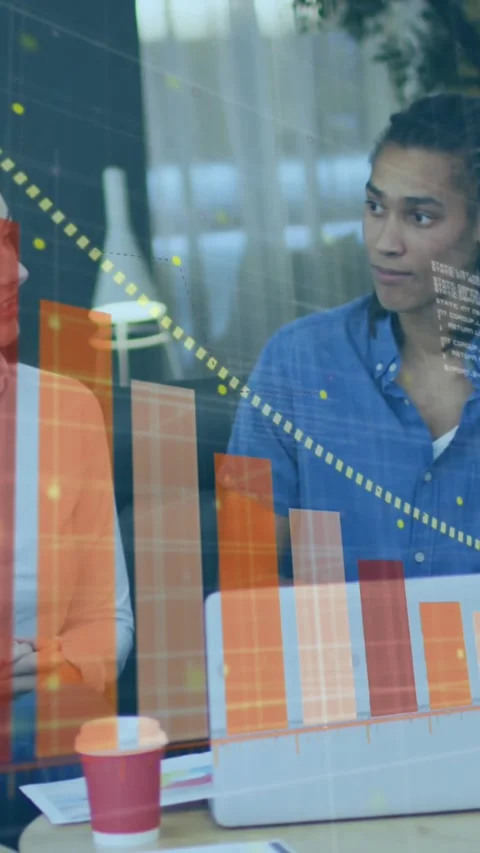 Animation of graph and computer language over diverse coworkers discussing Stock Footage 320983548